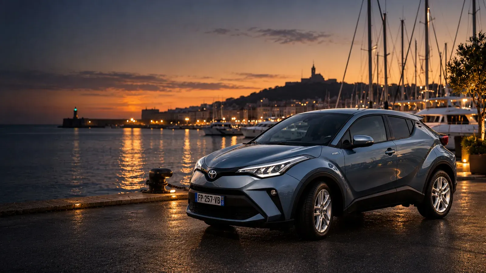Toyota C-HR de Celia VTC au coucher du soleil devant le port de plaisance