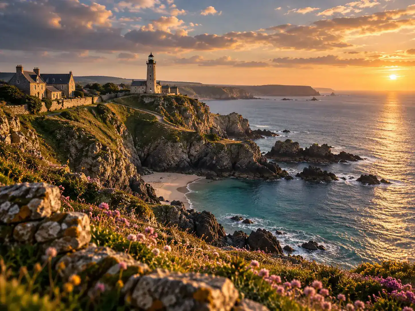 Falaises et phare du Cotentin au coucher du soleil